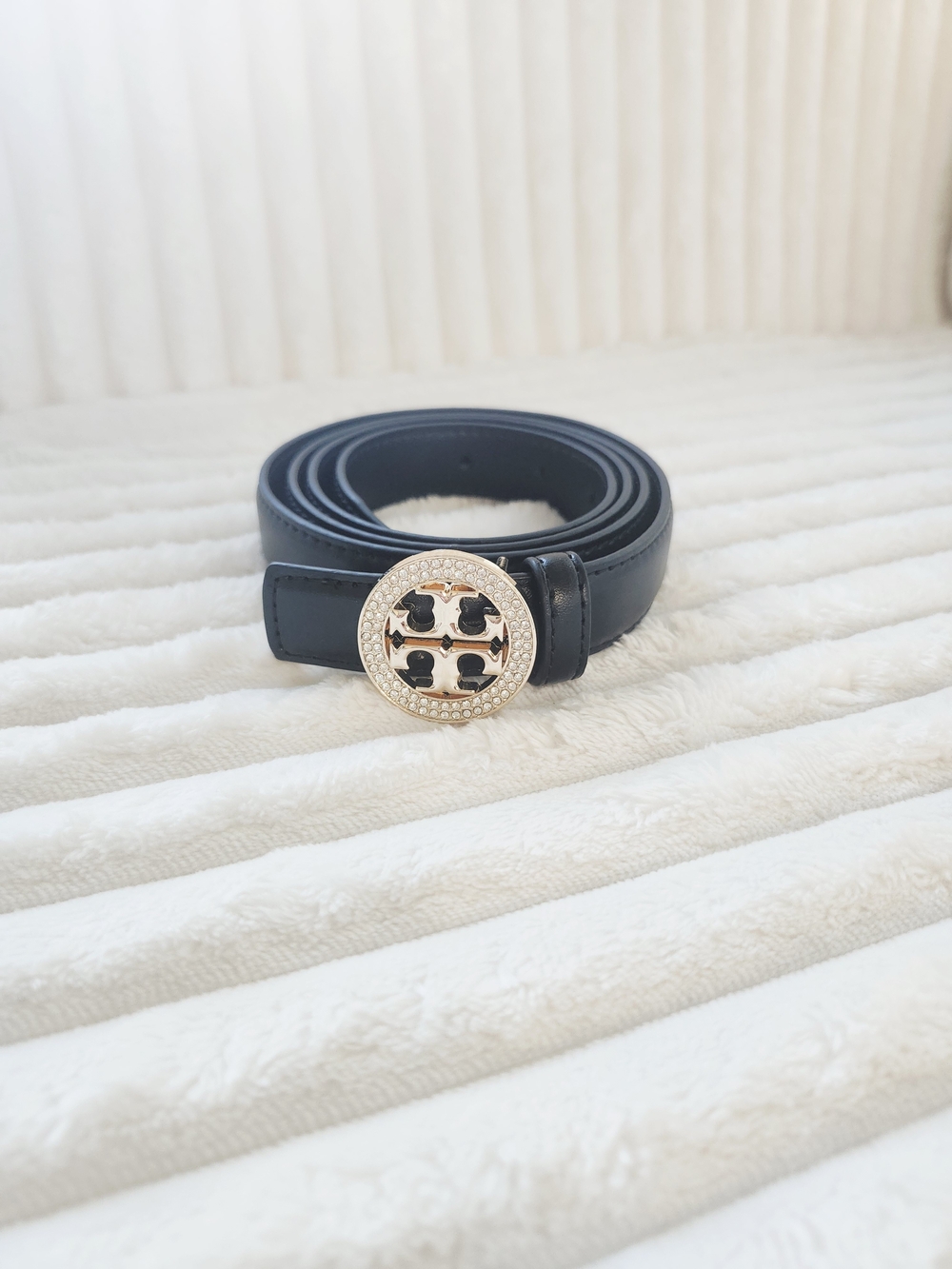 Tory Burch Black Leather Miller Logo Belt Crystal Pave Double T Buckle - Picture 2 of 5